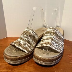 Lifestride Bzees Runaway Beige Women 8 M Sandals Woven Cork Wedge Slides Stretch